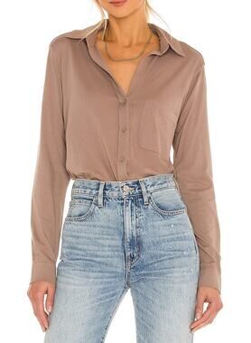Bobi Lightweight Tan Jersey Button Up Shirt Size XS